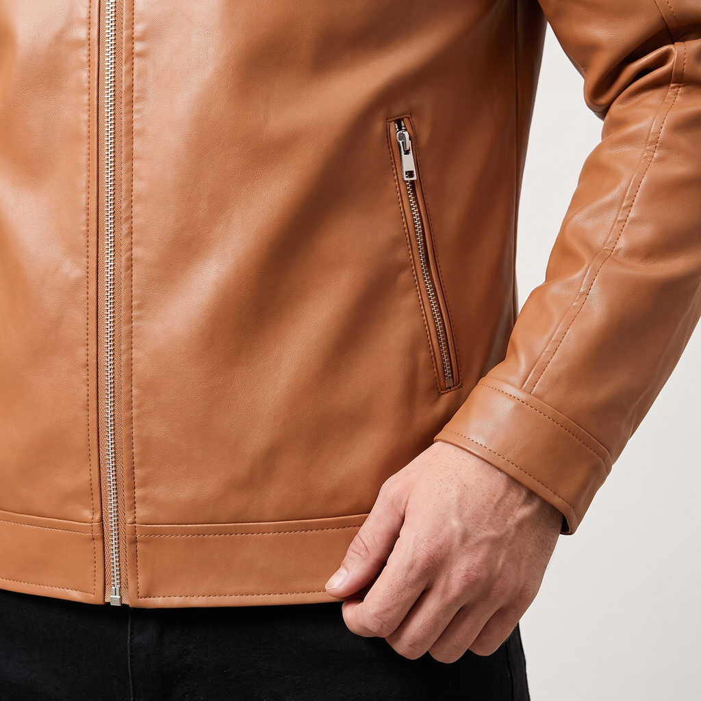 Men's khaki faux leather racer jacket, cuff and pocket detail