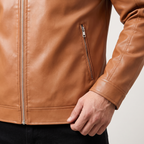 Men's khaki faux leather racer jacket, cuff and pocket detail