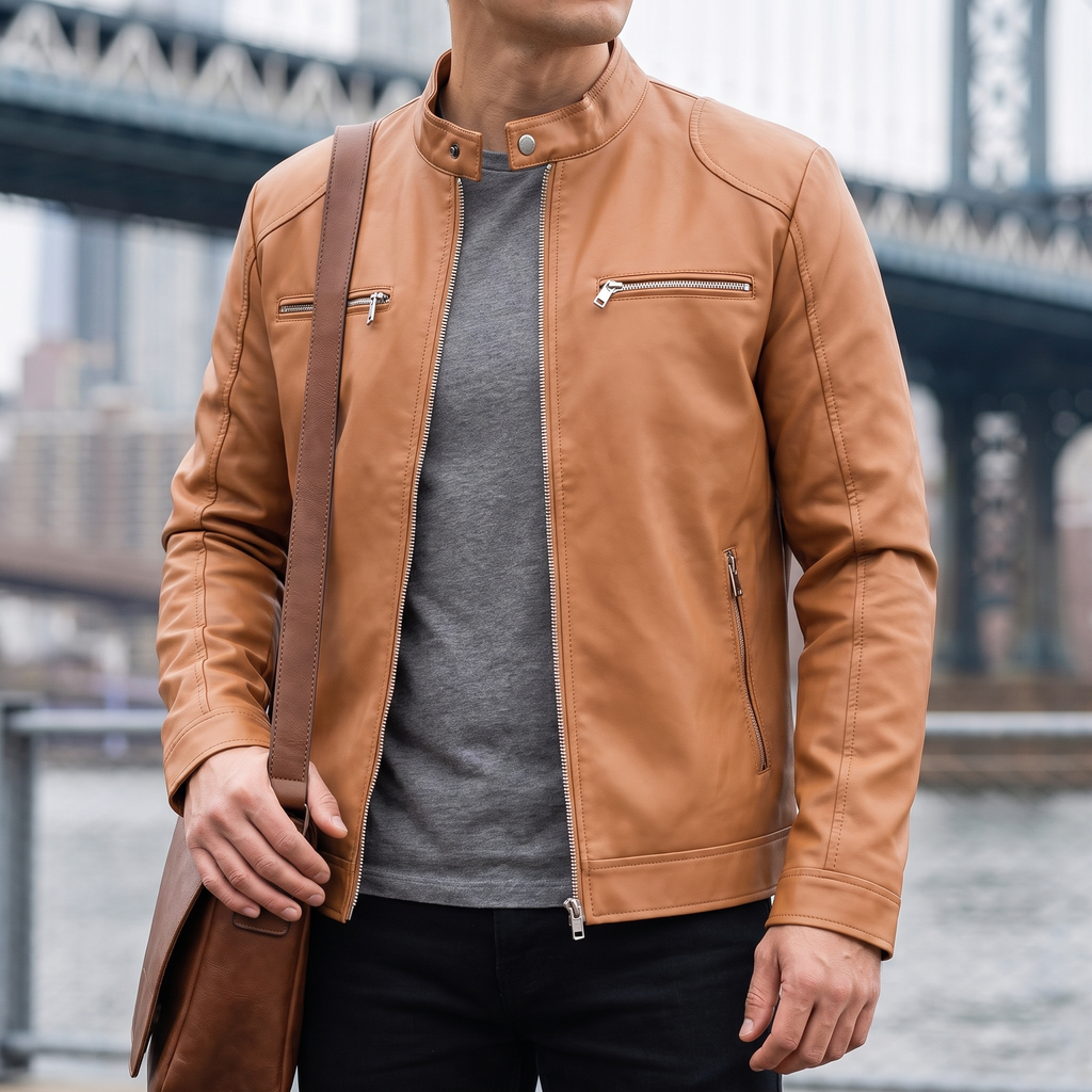 Men's khaki faux leather racer jacket, lifestyle view with shoulder bag