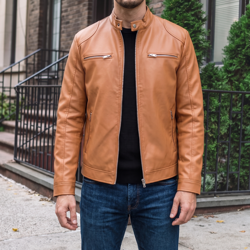 Men's khaki faux leather racer jacket, street lifestyle view