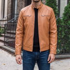 Men's khaki faux leather racer jacket, street lifestyle view