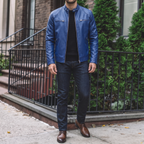 Men's royal blue faux leather racer jacket, street lifestyle view