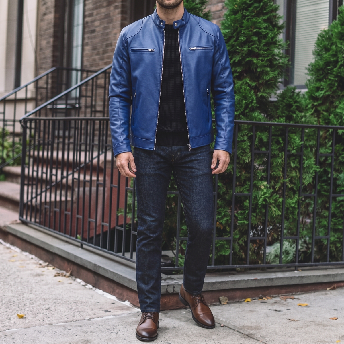 Men's royal blue faux leather racer jacket, street lifestyle view