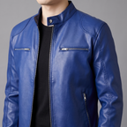 Men's royal blue faux leather racer jacket, collar and shoulder view