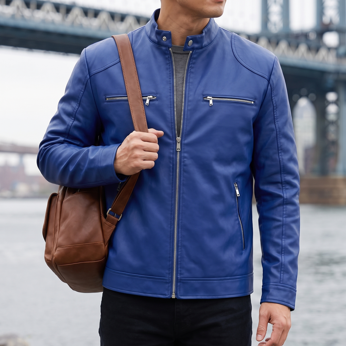 Men's royal blue faux leather racer jacket, lifestyle view with shoulder bag