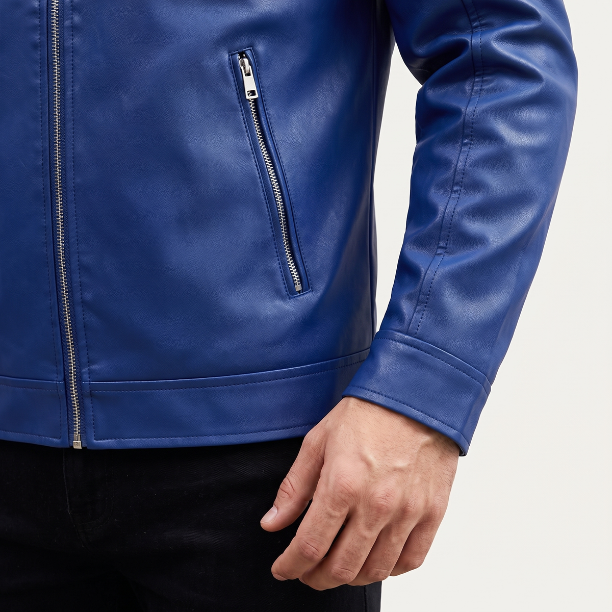 Men's royal blue faux leather racer jacket, cuff and pocket detail