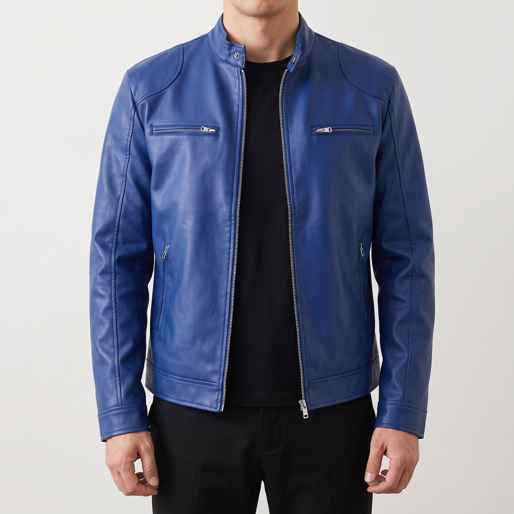 Men's royal blue faux leather racer jacket, front studio view