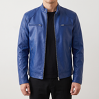 Men's royal blue faux leather racer jacket, front studio view