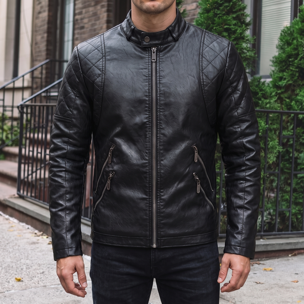 Men's black quilted-shoulder faux leather moto jacket, street lifestyle view