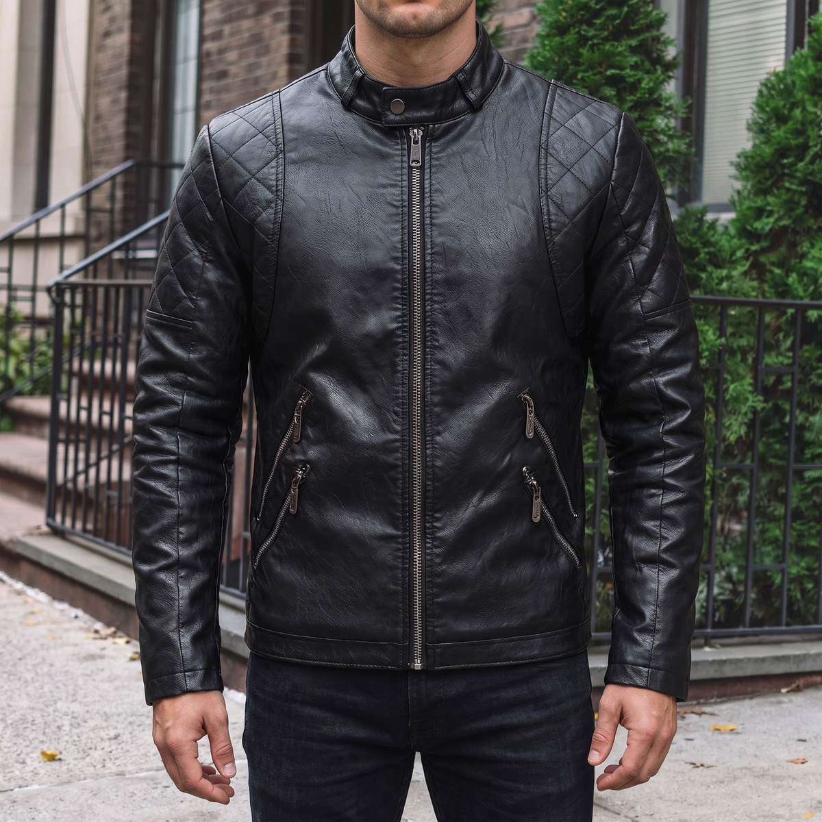 Men's black quilted-shoulder faux leather moto jacket, street lifestyle view