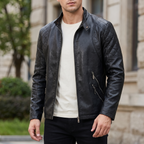 Men's black quilted-shoulder faux leather moto jacket, front lifestyle view