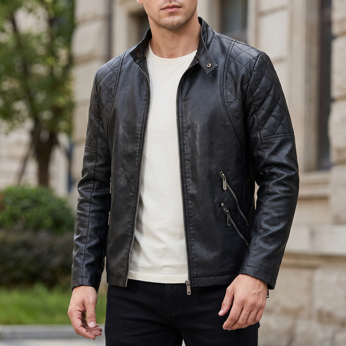 Men's black quilted-shoulder faux leather moto jacket, front lifestyle view