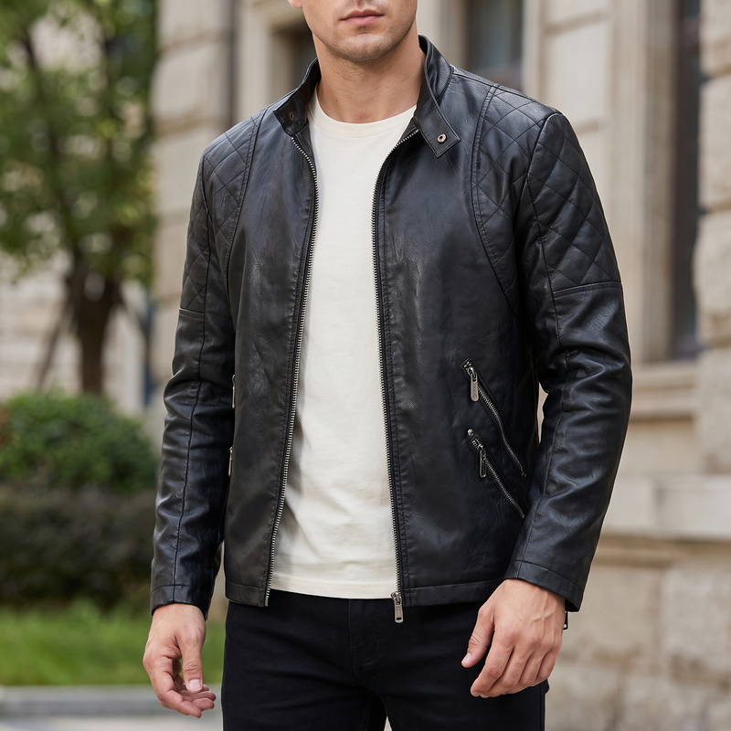 Men's black quilted-shoulder faux leather moto jacket, front lifestyle view