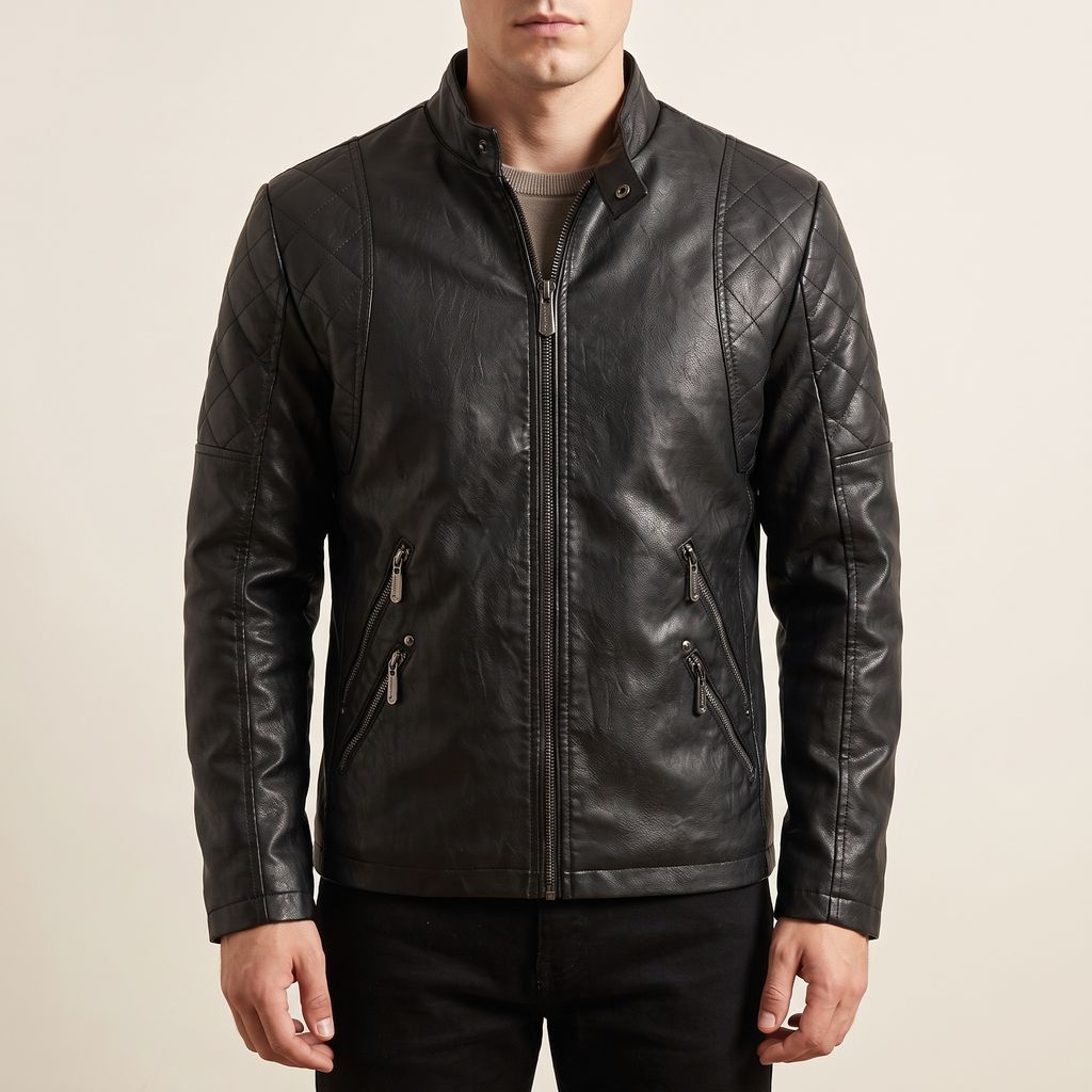 Men's black quilted-shoulder faux leather moto jacket, front studio view