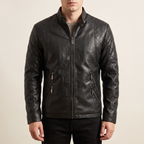 Men's black quilted-shoulder faux leather moto jacket, front studio view