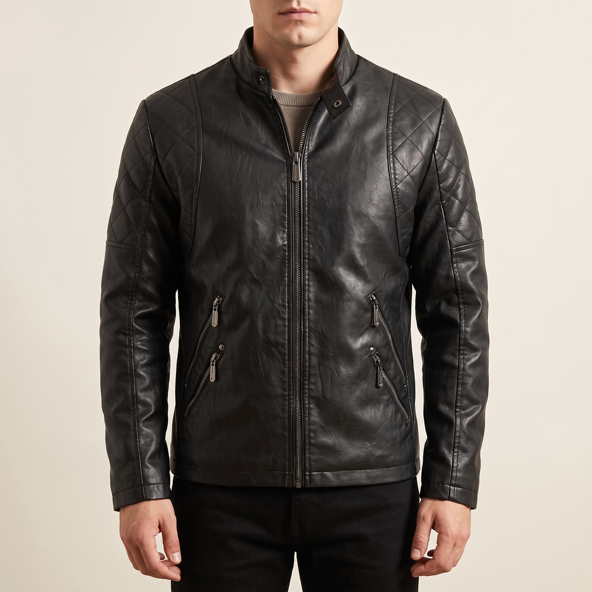 Men's black quilted-shoulder faux leather moto jacket, front studio view