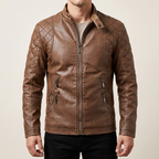 Men's earthy brown quilted-shoulder faux leather moto jacket, front studio view