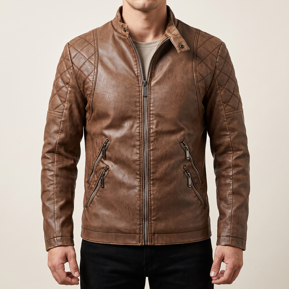 Men's earthy brown quilted-shoulder faux leather moto jacket, front studio view