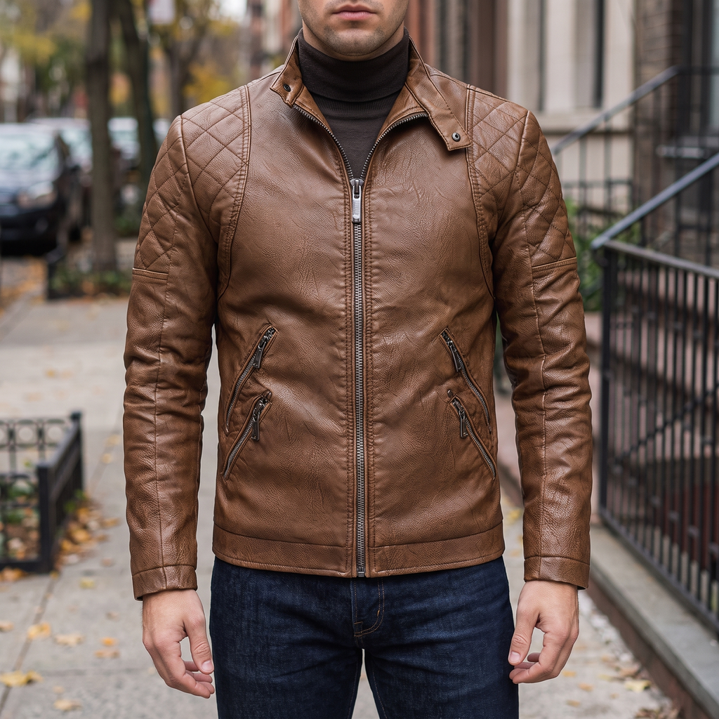 Men's earthy brown quilted-shoulder faux leather moto jacket, street lifestyle view