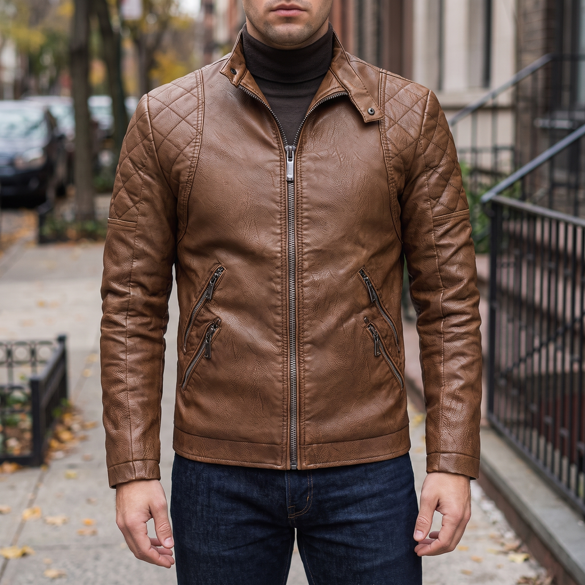 Men's earthy brown quilted-shoulder faux leather moto jacket, street lifestyle view