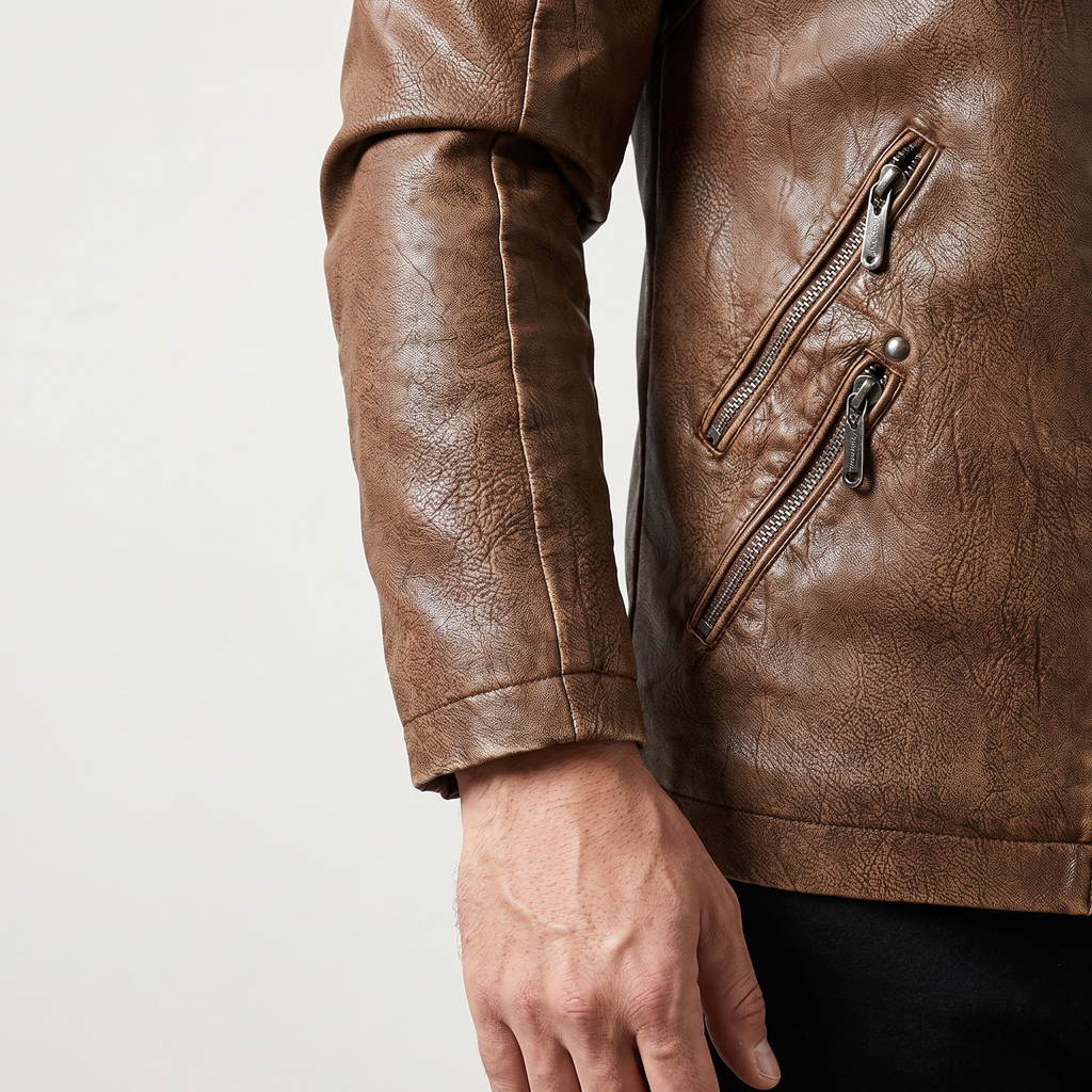 Men's earthy brown quilted-shoulder faux leather moto jacket, cuff and pocket detail