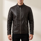 Men's coffee quilted-shoulder faux leather moto jacket, front studio view
