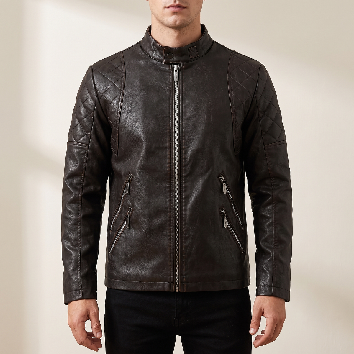 Men's coffee quilted-shoulder faux leather moto jacket, front studio view
