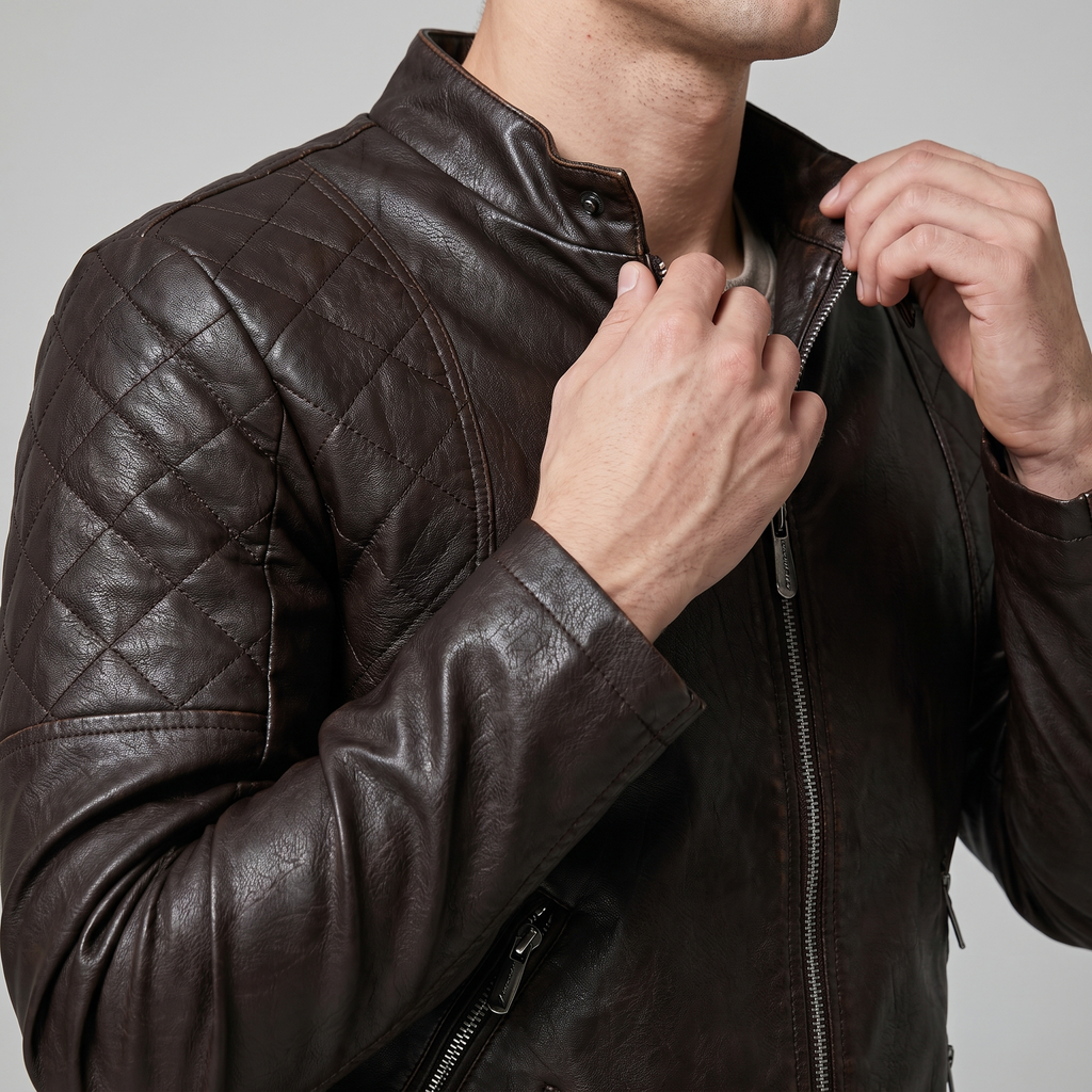 Men's coffee quilted-shoulder faux leather moto jacket, collar and shoulder detail