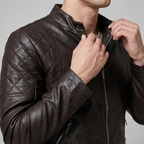Men's coffee quilted-shoulder faux leather moto jacket, collar and shoulder detail