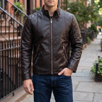 Men's coffee quilted-shoulder faux leather moto jacket, street lifestyle view