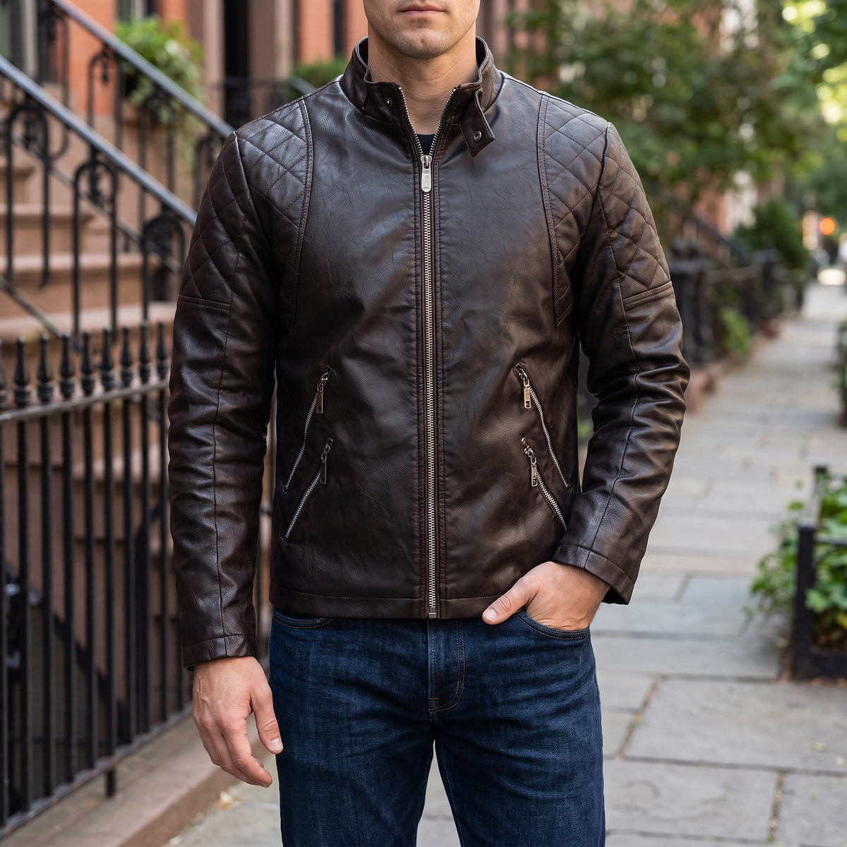 Men's coffee quilted-shoulder faux leather moto jacket, street lifestyle view