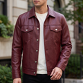 Men's burgundy button-front faux leather trucker jacket, front lifestyle view