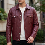 Men's burgundy button-front faux leather trucker jacket, front lifestyle view