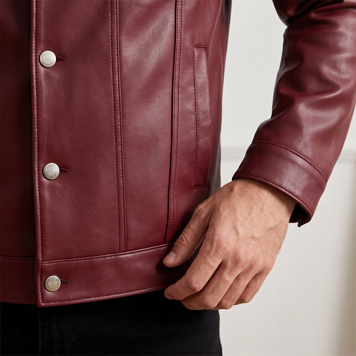 Men's burgundy button-front faux leather trucker jacket, cuff and hem detail