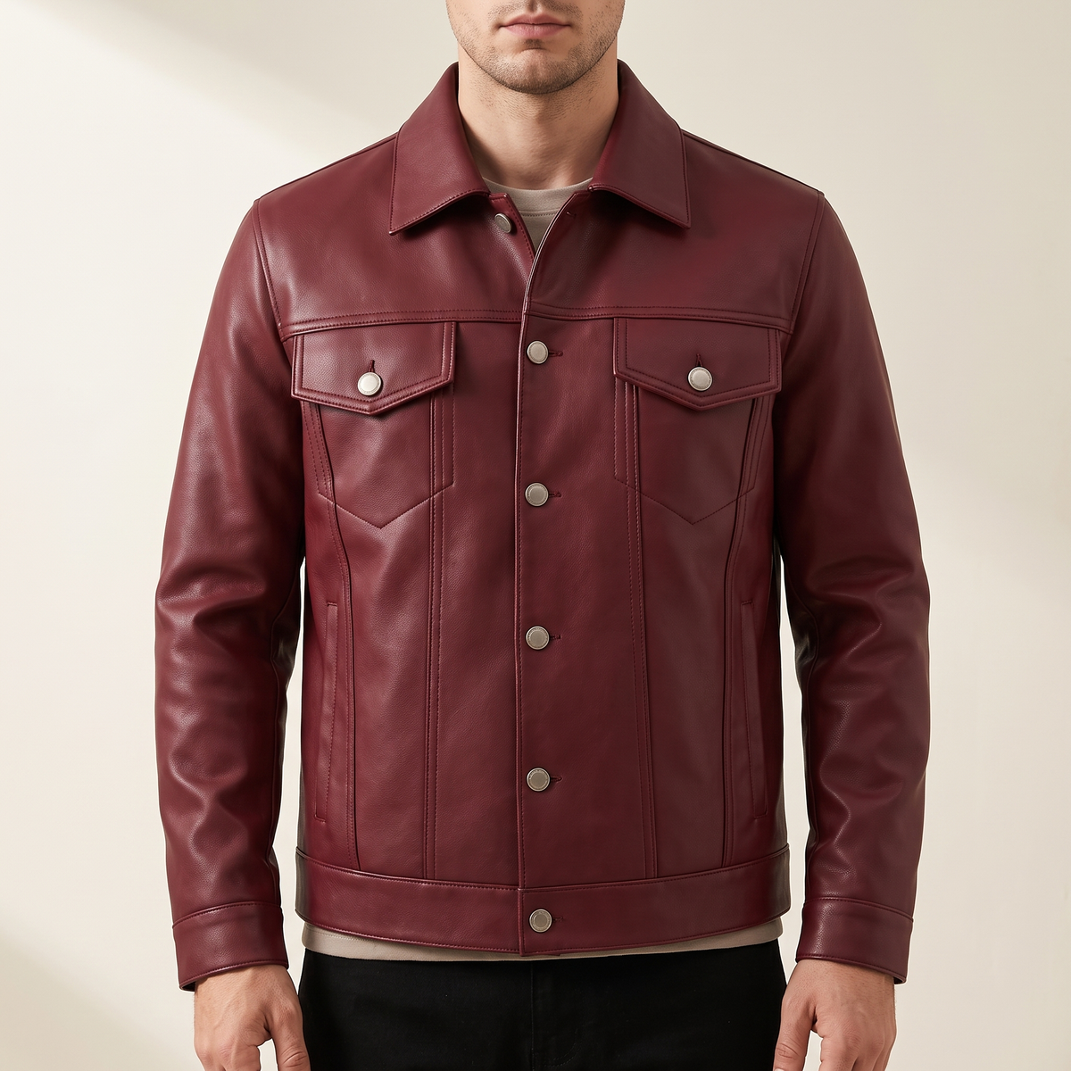 Men's burgundy button-front faux leather trucker jacket, front studio view