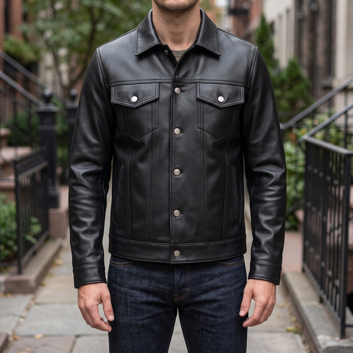 Men's black button-front faux leather trucker jacket, street lifestyle view