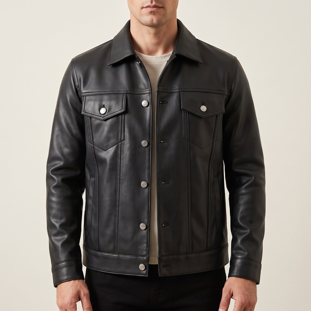 Men's black button-front faux leather trucker jacket, front studio view