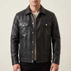 Men's black button-front faux leather trucker jacket, front studio view