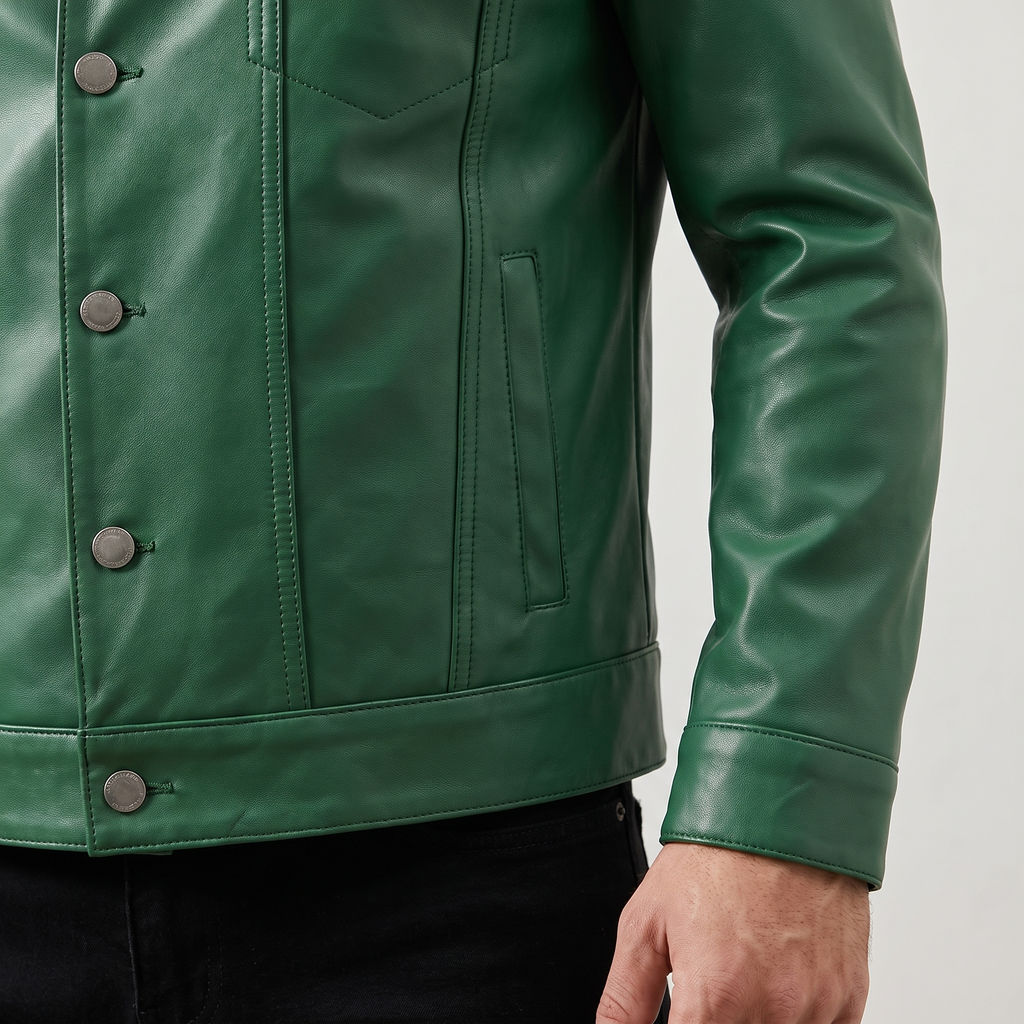 Men's green button-front faux leather trucker jacket, cuff and hem detail
