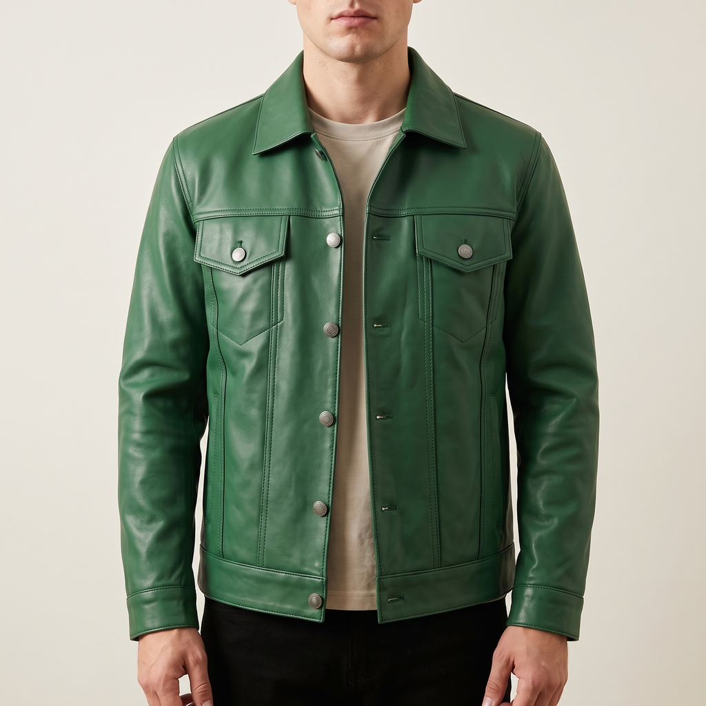 Men's green button-front faux leather trucker jacket, front studio view