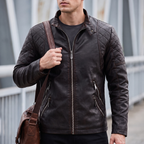 Men's coffee quilted-shoulder faux leather moto jacket, lifestyle view with shoulder bag