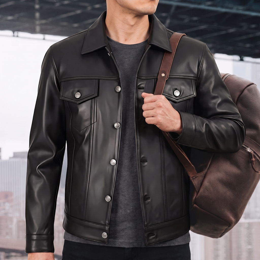 Men's black button-front faux leather trucker jacket, lifestyle view with shoulder bag
