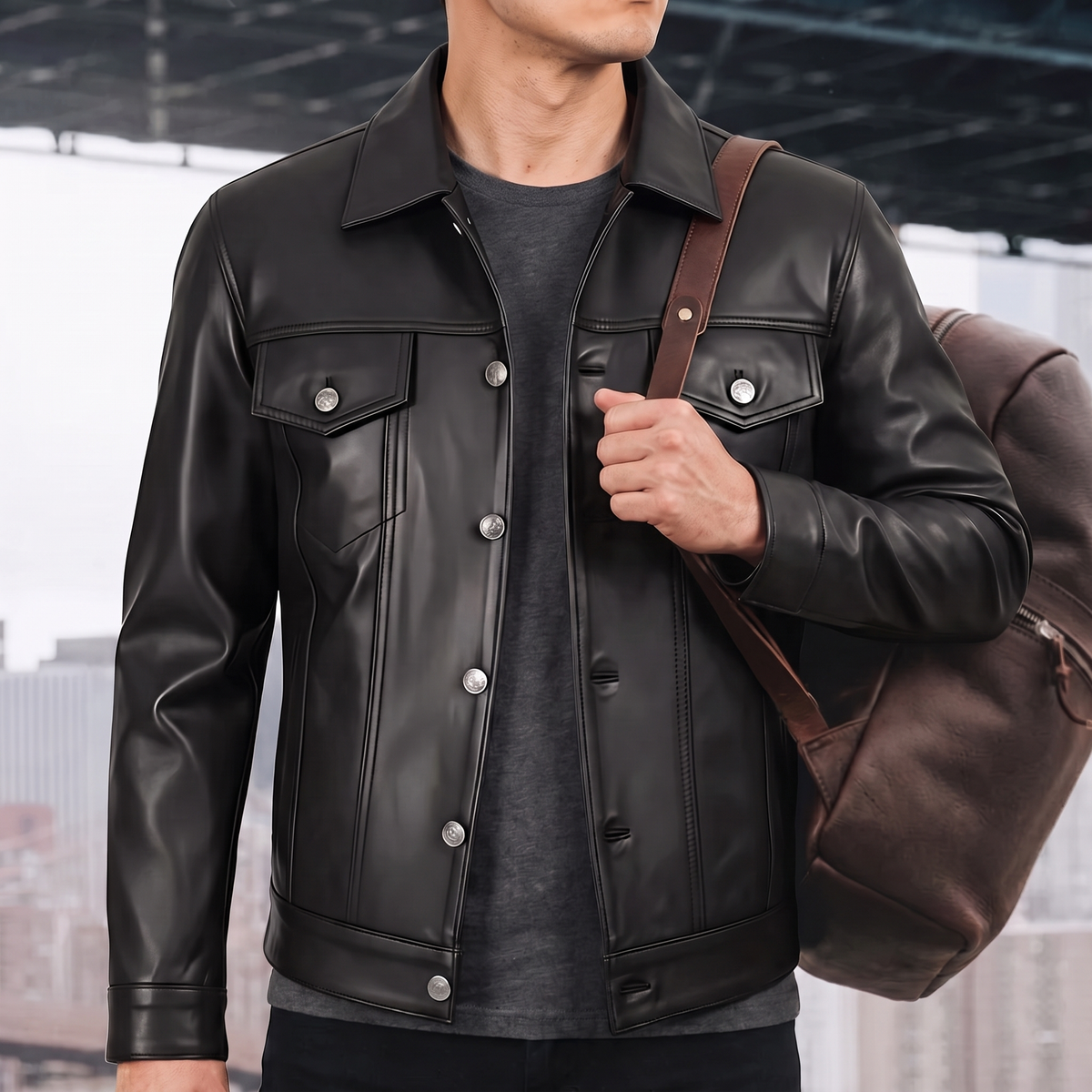 Men's black button-front faux leather trucker jacket, lifestyle view with shoulder bag