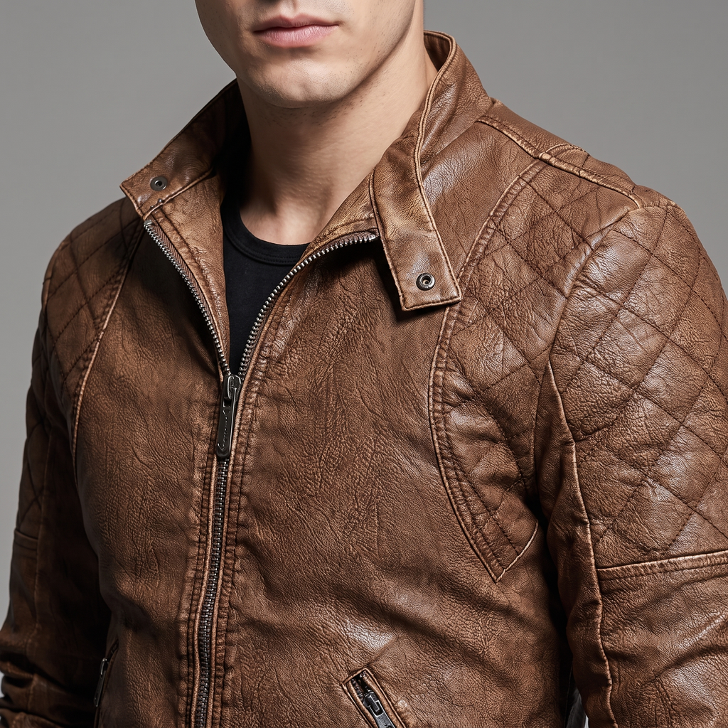 Men's earthy brown quilted-shoulder faux leather moto jacket, collar and shoulder detail