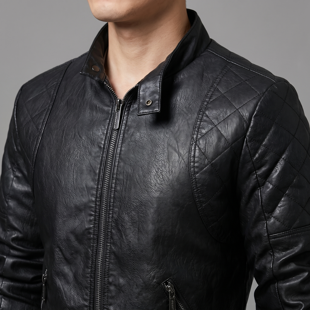 Men's black quilted-shoulder faux leather moto jacket, collar and shoulder detail