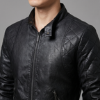 Men's black quilted-shoulder faux leather moto jacket, collar and shoulder detail