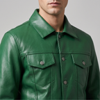 Men's green button-front faux leather trucker jacket, collar and chest detail