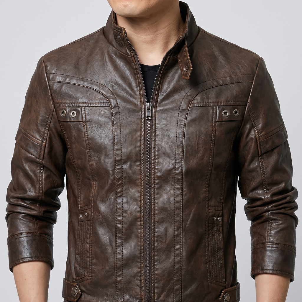 Men's brown faux leather jacket with eyelet details, collar and chest detail