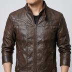 Men's brown faux leather jacket with eyelet details, collar and chest detail