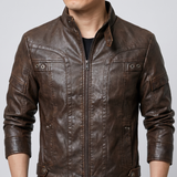 Men's brown faux leather jacket with eyelet details, collar and chest detail